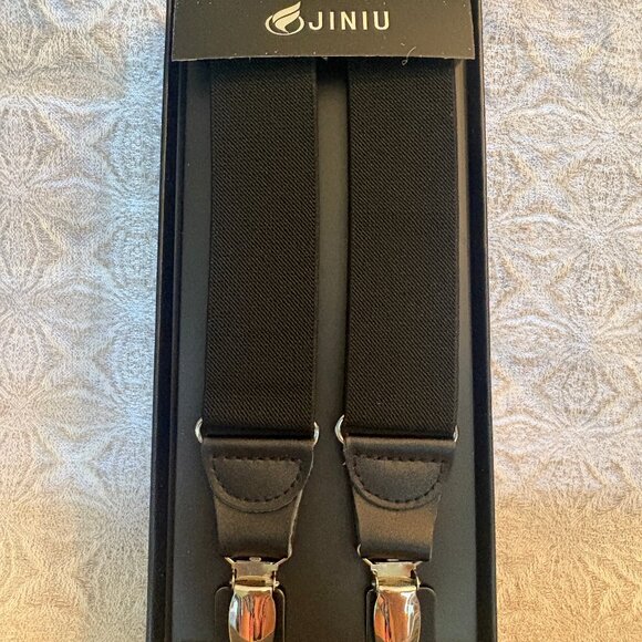 Jiniu Men's BLACK SUSPENDERS Silver Clip NEW - Picture 1 of 2